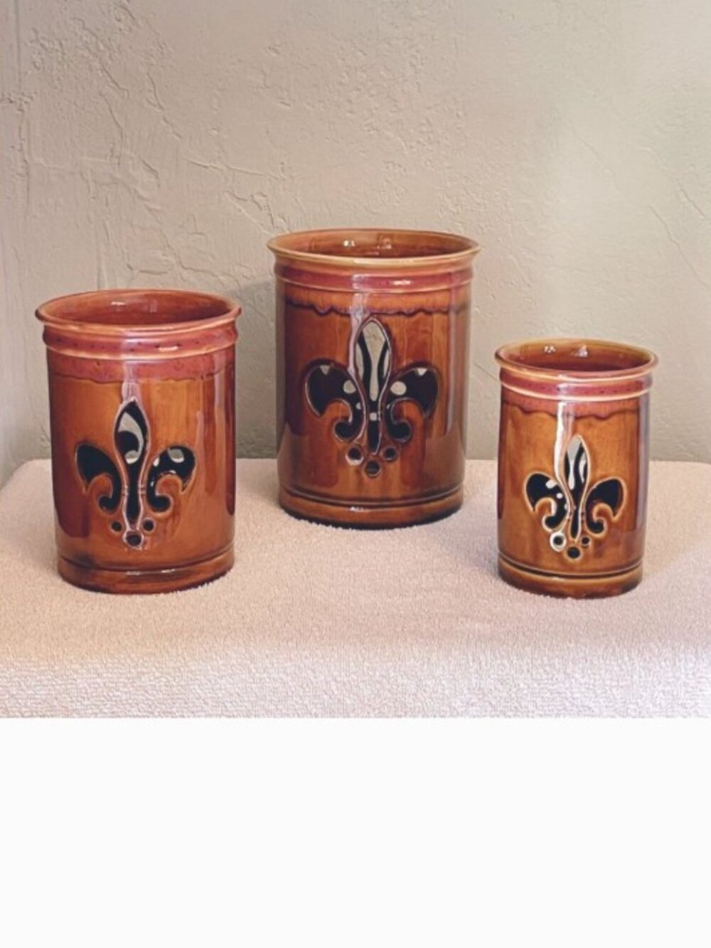 Fleur De Lis Ceramic Candle Holders Set of 3 Cut Out Design Pottery